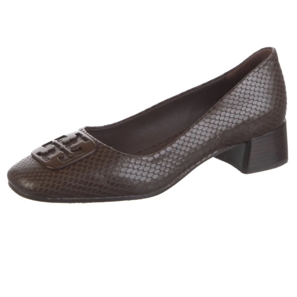 Tory Burch dark brown snake embossed flats. Size 8.5 good condition